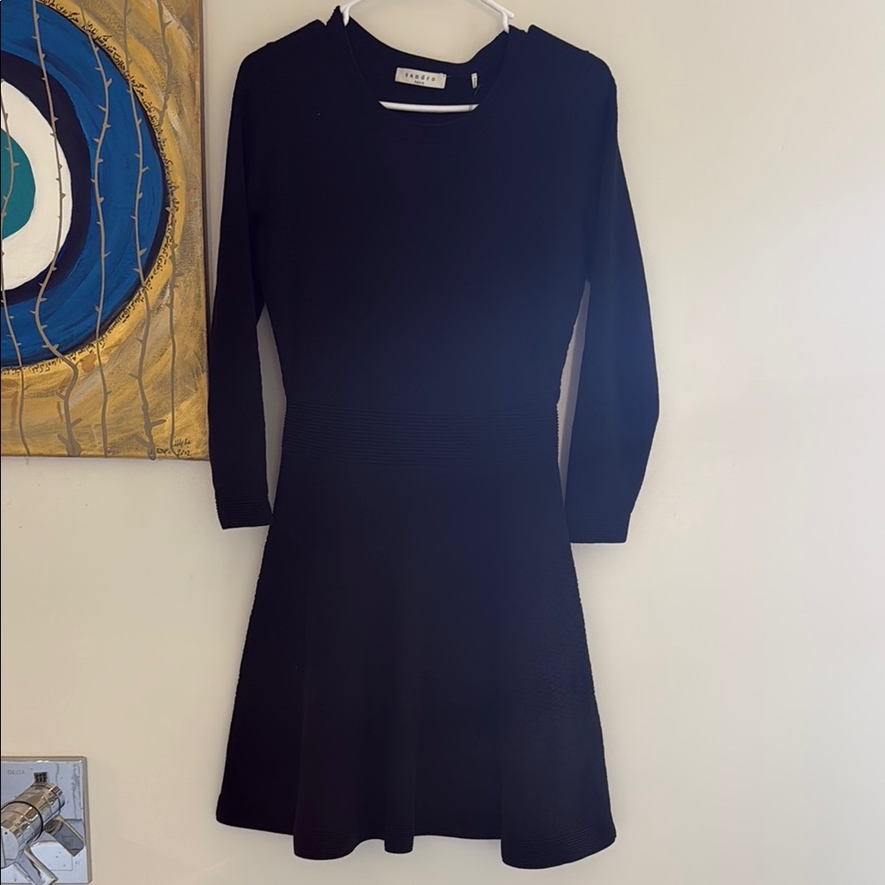 Sandro Blue Fit and Flare Long Sleeve Dress
